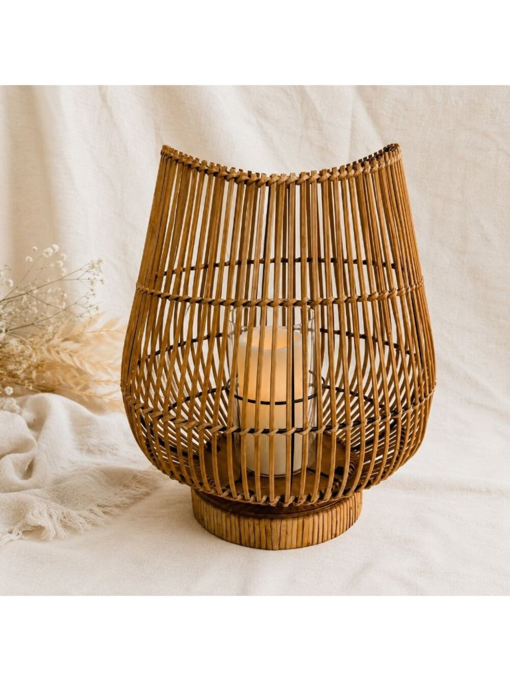 Vintage Bamboo Lantern Woven Candle Holder Glass Hurricane Coastal Table Decor